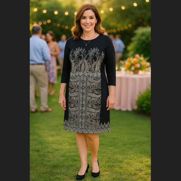 J. Jill Paisley Dress Medium TALL Wearever Black Gray Pleated 3/4 Sleeve Stretch - Picture 1 of 13